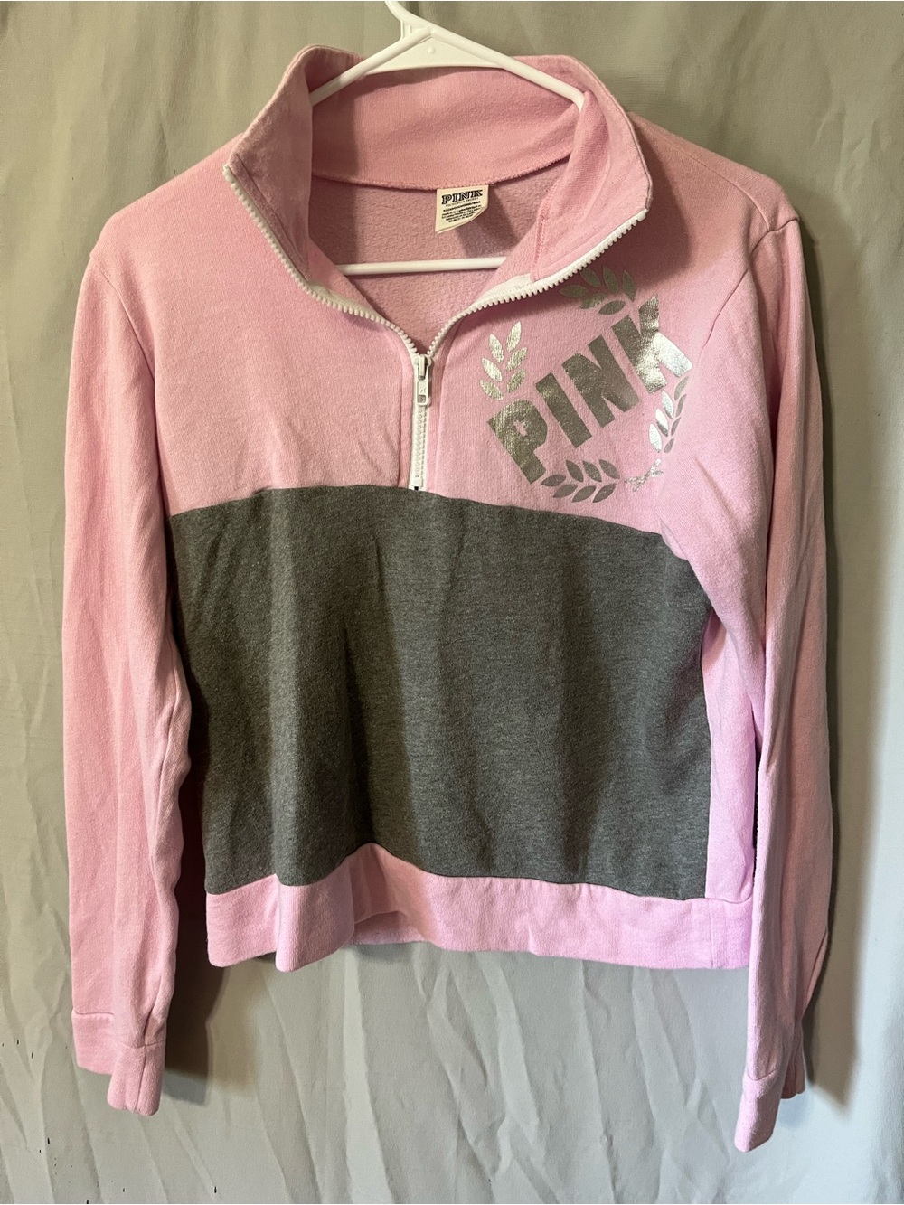 PINK Victoria's Secret Pink and Gray Half-Zip Pullover Sweatshirt